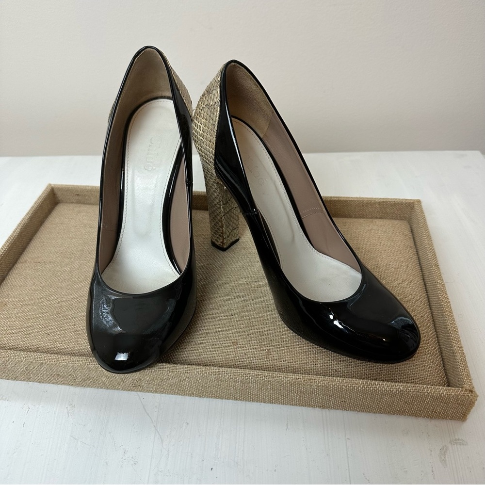 Chloe Black Patent Leather & Python Print Pump - image 2